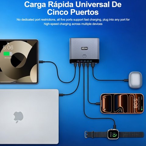 Сетевое зарядное устройство RELIFE Q8, 165 Вт, Quick Charge, Power Delivery (PD), серый, 5 портов Превью 3