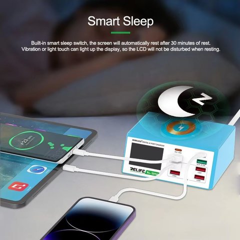 Adaptador de red RELIFE RL-309AW, 100 W, Quick Charge, Power Delivery (PD), con cargador inalámbrico, 8 puertos Vista previa  4